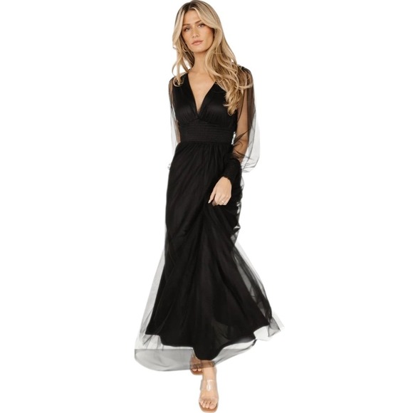 Baltic Born NWOT Layla Tulle Maxi Dress Black Sheer Sleeve Evening Gown Dress L - Picture 1 of 13